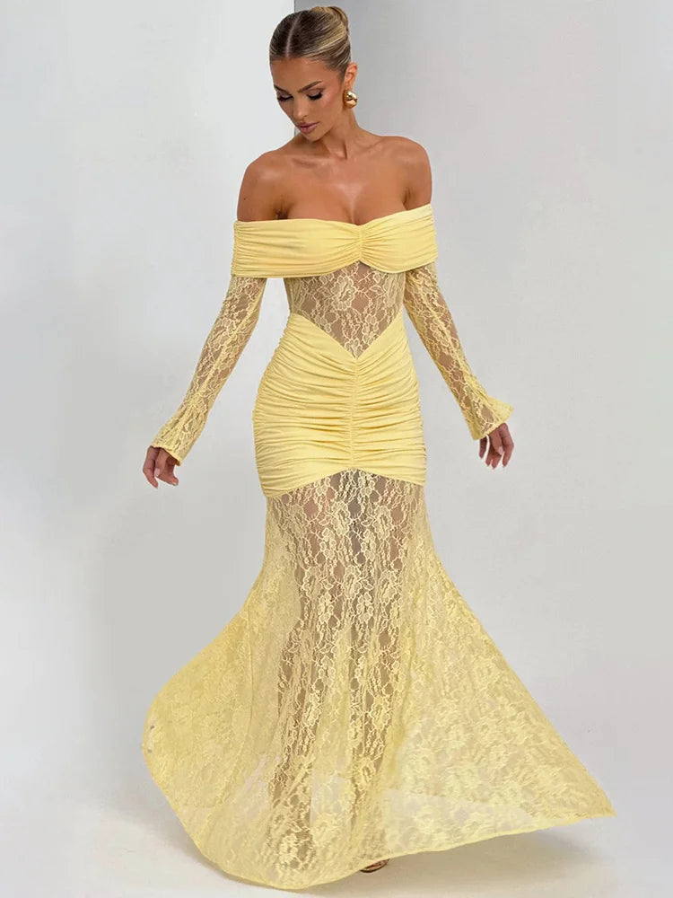Off-shoulder Long Sleeve Sexy Maxi Dress Women Fashion Lace See Through Strapless Backless Bodycon Club Party Dresses