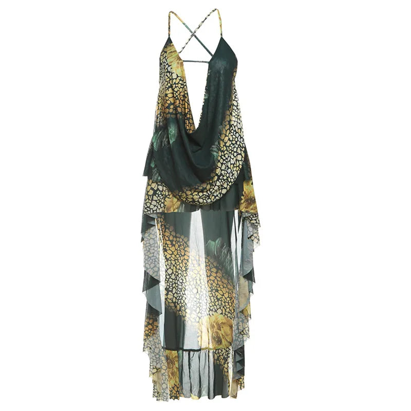 Print 2 Piece Set Backless Halter Top and Irregular High Low Skirt Co Ord Sets for Woman Beach Vacation Outfit
