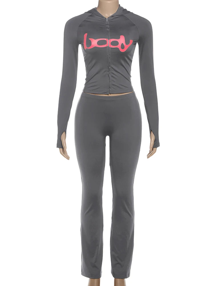 Letter Print 2 Piece Set Women Tracksuit Hooded Jacket+Leggings Matching Stretch Streetwear Casual Sporty Outfits