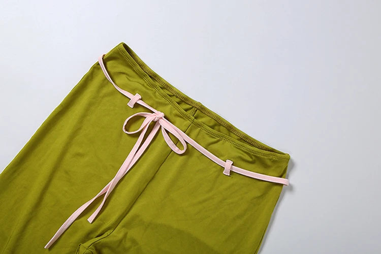 Sweet Hottie 2 Piece Set Women Simple Low-Neck Line-Patchwork Tank Top+Bandages Bow Capri Pants Fashion Street Suits