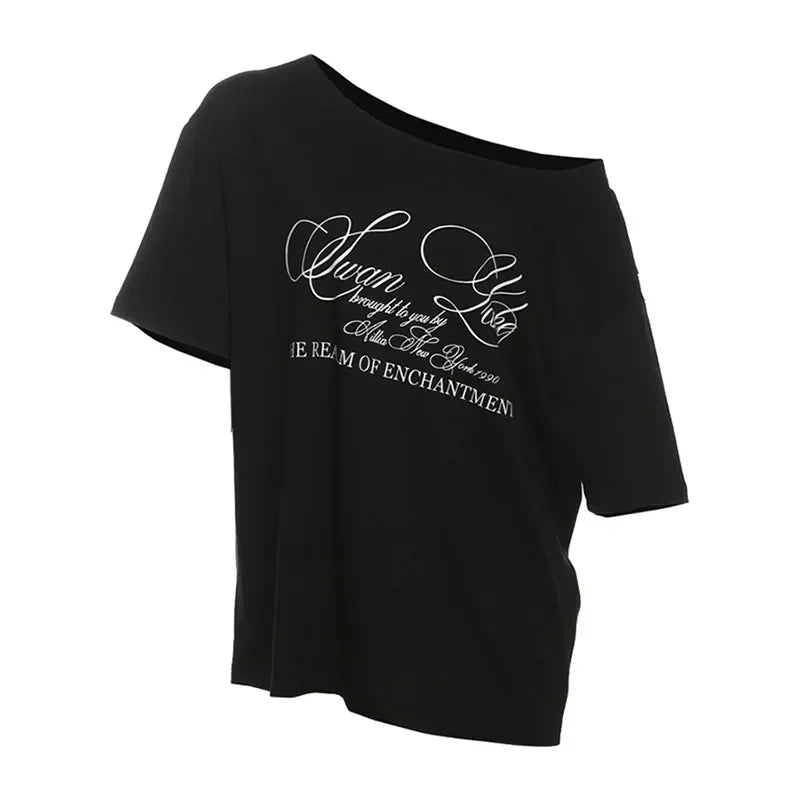 Letter Print Graphic T Shirts White Oversized One Shoulder Tops Womens Summer Fashion Clothing Trends 2024