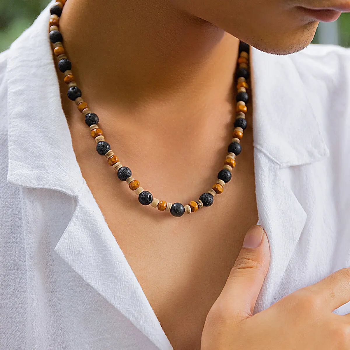 Retro Boho Wood Bead Stone Chain Necklace for Men Punk Simple Short Clavicle Choker Y2K Accessories Fashion Jewelry Gift Party