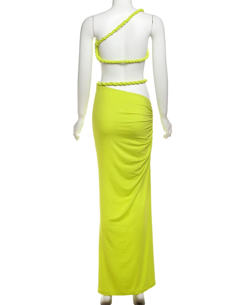 Summer Trend 2 Piece Set Women Irregular Skew Collar Bandage Backless Tops+Ruched Skirts Beach Vacation Elegant Suit