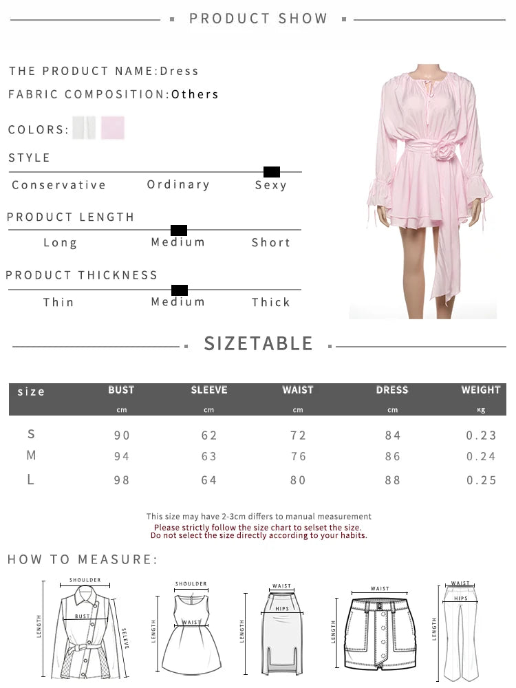 3D Flower Decoration Dress Women Y2K Sweet Style Flare Sleeve Ruched Ribbon Vacation Fashion Elegant Mini Bodycon