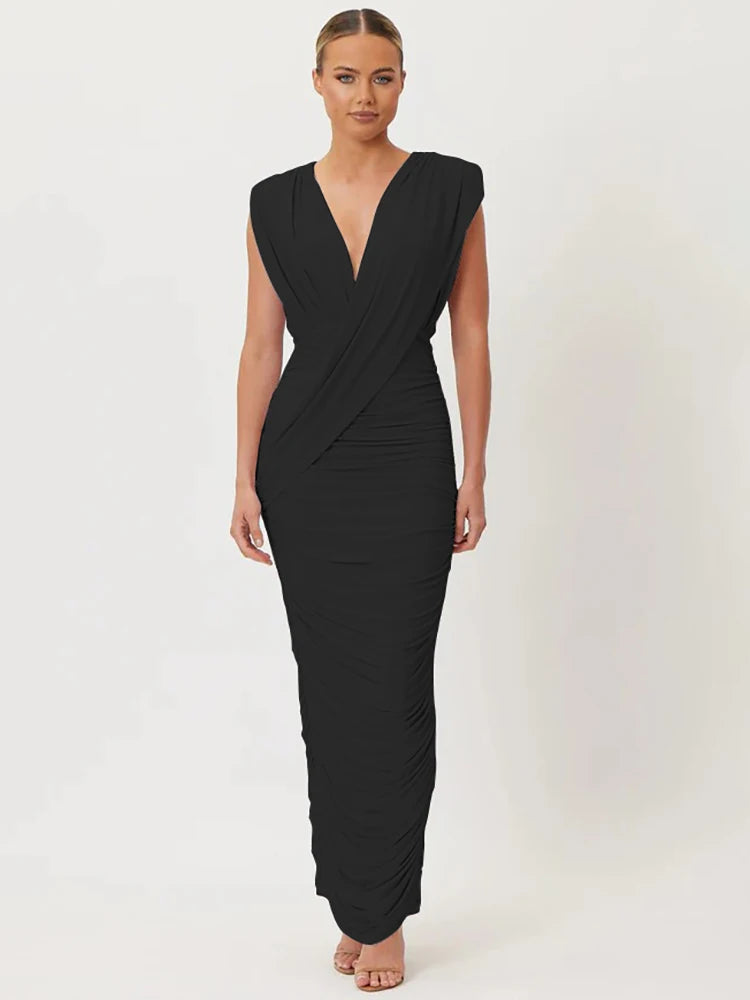 Deep V Neck Sleeveless Sexy Maxi Dress Women Elegant Draped Ruched Back Split Bodycon Club Party Long Dress Female