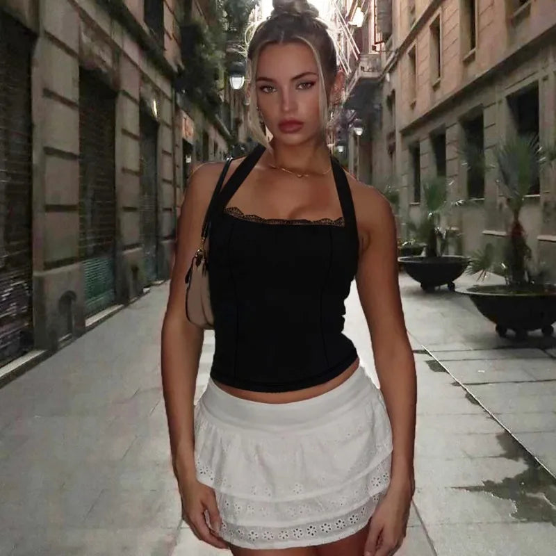 Tank Tops Womens Summer Clothes 2025 Fashion Sexy Lace Trim Square Neck Halter Crop Top Black