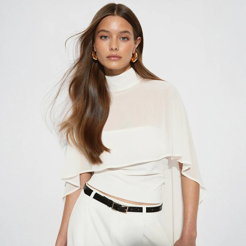 Women 2 In 1 Chiffon Cape Shirts Mock Neck Sheer Flowy Cloak Sleeve Crop Tops Slim Fit Inner Tube Layered Elegant Party