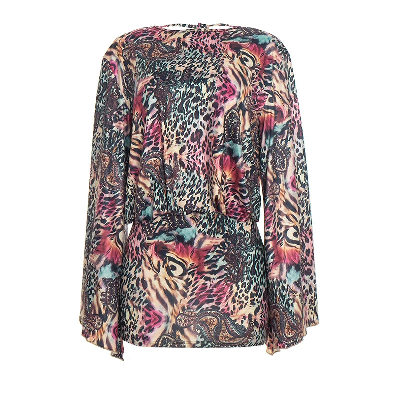 Sexy Backless Dress Women Trend Wild Colorful Print Bandages Bell Sleeves Fashion Chic Street Club Peach Hip Bodycon