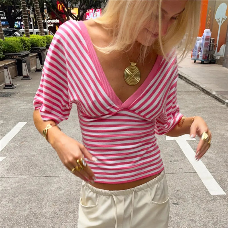 Retro Striped V Neck Crop Top Women Cross Wrap Short Sleeve T Shirt Low Back Slim Fit Striped Tee Y2K Aesthetic Outfits