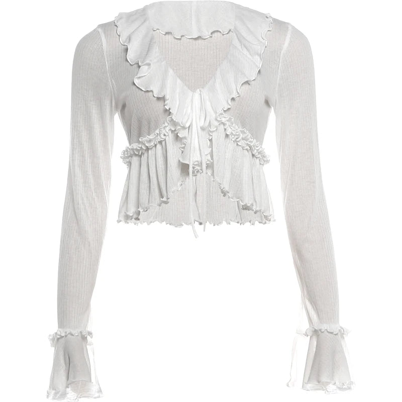 Ruffled Patchwork T-Shirt Women Autumn Simple See Through Bell Sleeve Bandages Fashion Trend Street Party Crop Tess