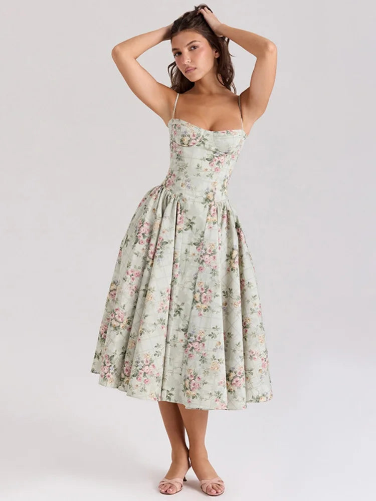 Green Flower Sun Dresses for Woman Spaghetti Strap Backless Long Dresses French Style Elegant Vacation Outfits