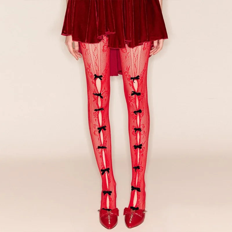 See Through Lace Mesh Hollow Bow Tie Leggings High Waist Stockings Y2k Sexy Lingeries for Woman Tights