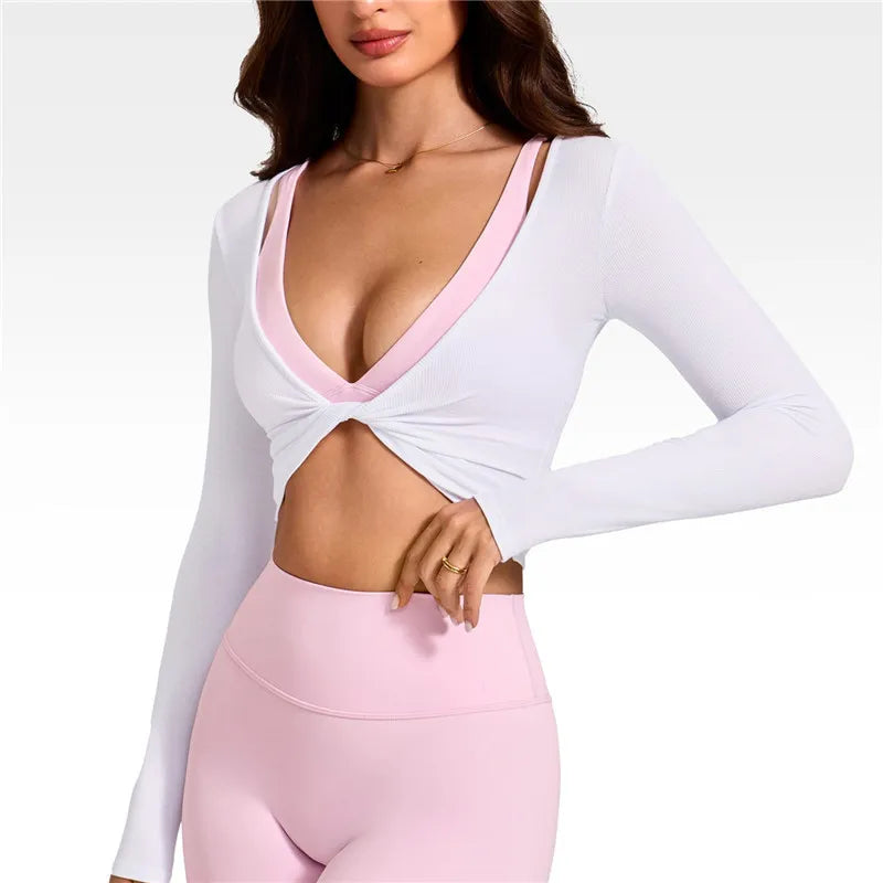 Womens Workout Tops Long Sleeve Deep V Neck Solid Color Twist Front Slim Fit Cropped Shirts for Gym Yoga Ballet Pilates