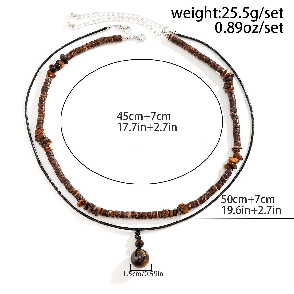 2Pcs/Set Bohemian Round Natural Stone Pendant Necklace for Men Vintage Ethnic Wood Bead Chokers Male Fashion Jewelry Accessories