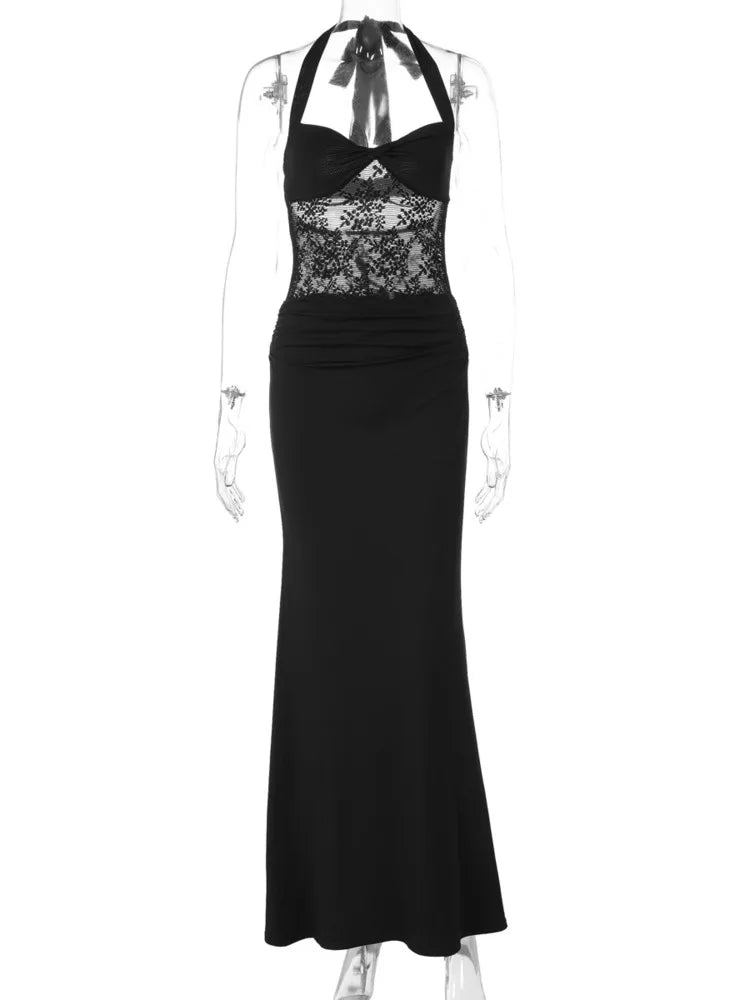 Halter Backless Sexy Maxi Dress Women Gown Elegant Lace See Through Square Collar Sleeveless Bodycon Club Party Dresses