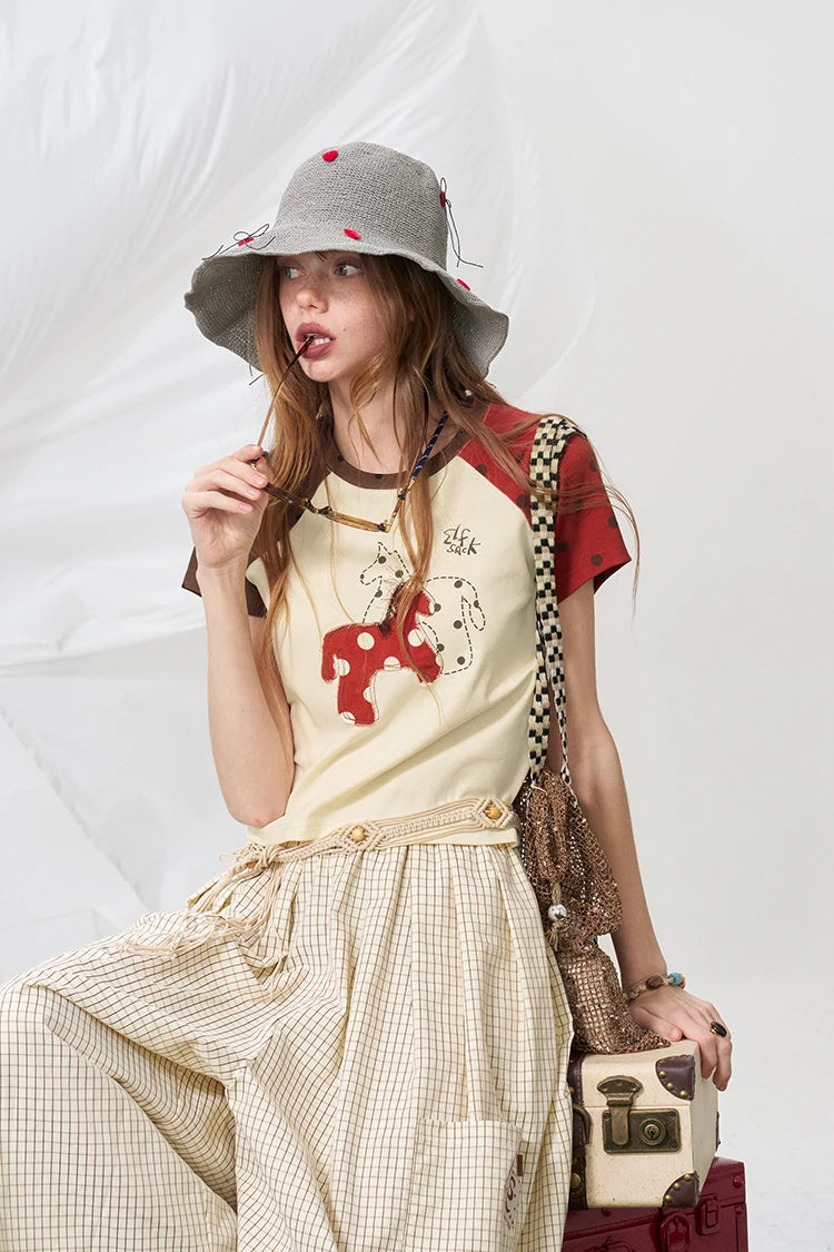 Polka Dot Horse Patchwork Raglan T-Shirt, Contrast Sleeve Loose Crop Top, Cute Retro Casual Tee for Women