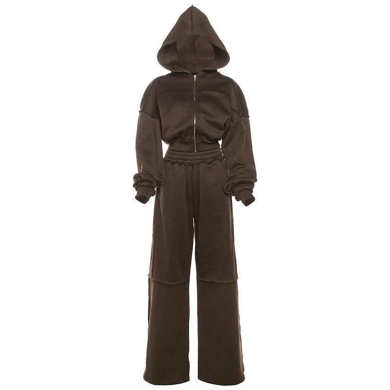 Sporty Tracksuit Women 2 Piece Set Panelled Stripes Simple Hooded Zip Jacket+Wide Pants Matching Casual Street Outfit
