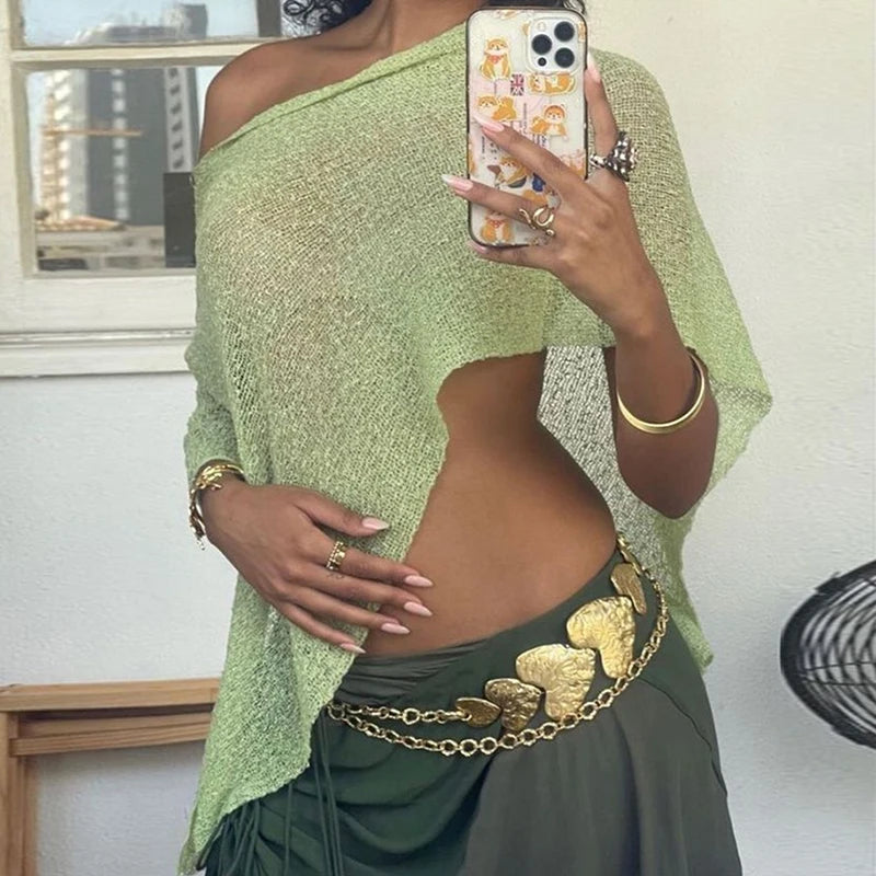 Boho Beach Vacation Pullovers Tees Summer Irregular Knitted Cover-ups Crop Tops Y2k Aesthetic Vintage Smocked T-shirt