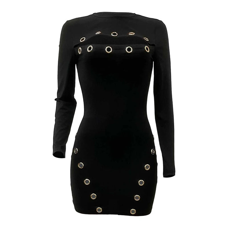 Hollow Hipster Slim Women Dress Metal Hole Y2K Sexy Full Sleeve Tight Fall Midnight Clubwear Party Stretch Mini Bodycon