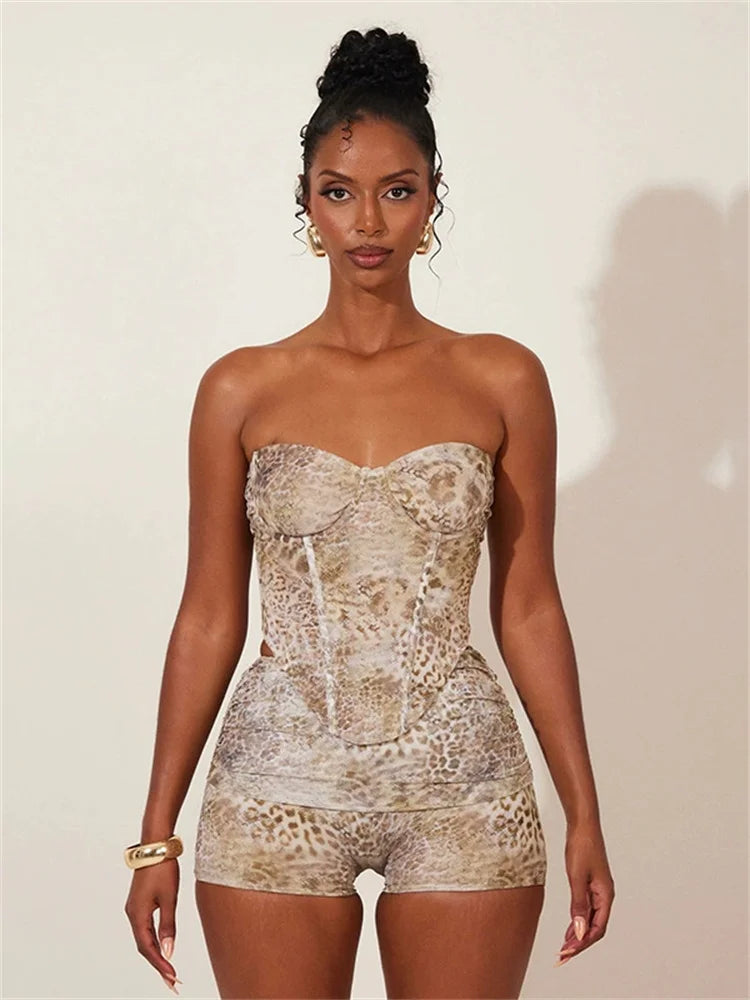 Leopard Print 2 Piece Set Women Matching Summer Strapless Crop Tanks+Stacked Skinny Shorts Female Hipster Streetwear