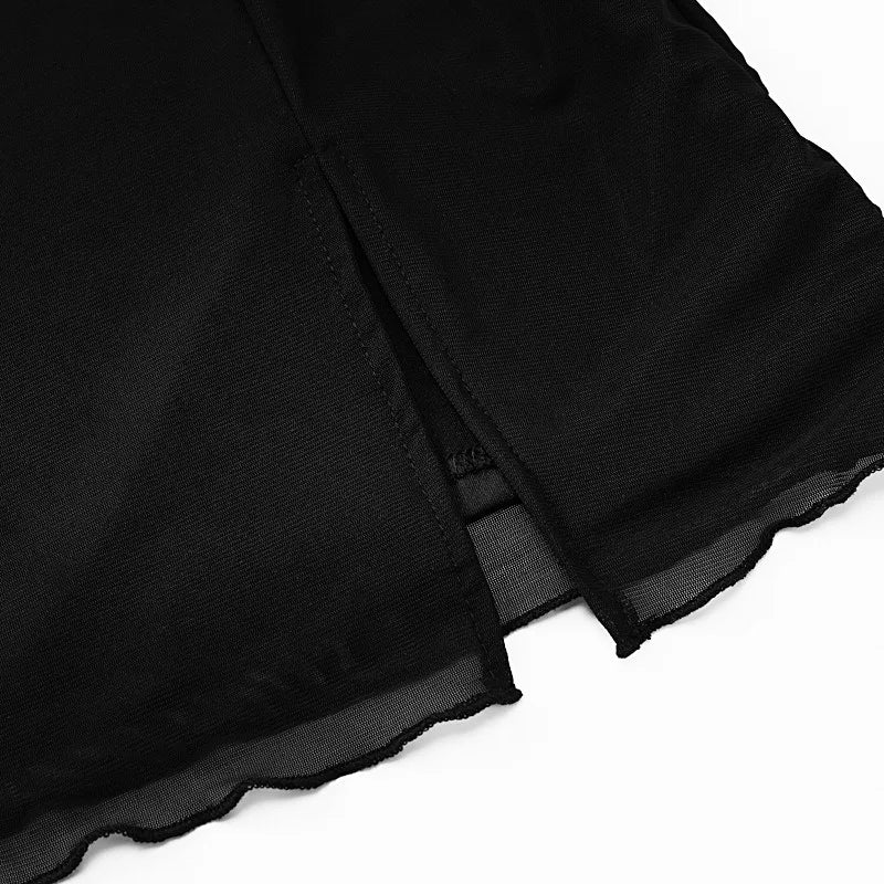 See Through Mesh Long Sleeve Dress White Black Sexy Club Outfits Square Neck Slit Mini Dresses for Women