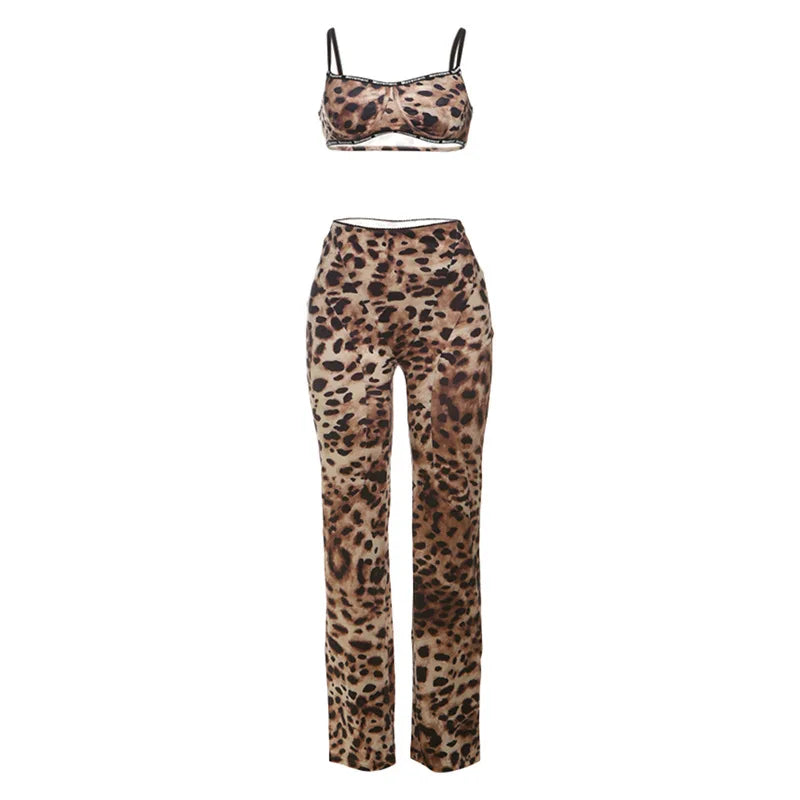 Leopard Print Two Piece Pant Sets for Women Baddie Outfits Sexy Bralette Crop Top and Leggings Matching Set