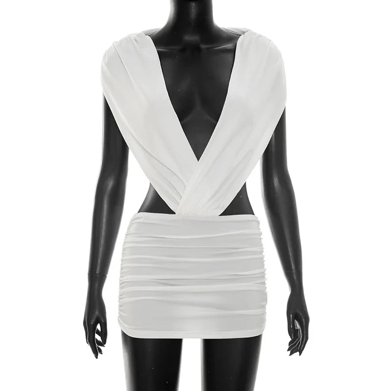 Women Bodycon Mini Dress Deep V Neck Backless Ruched Sleeveless Satin Dresses Evening Party Club Night Out Holiday Wear