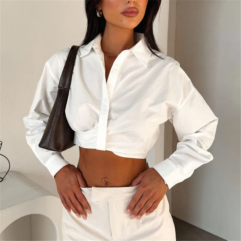 Women’s Cropped Button Down Shirts Fashion Lapel V-Neck Long Sleeve Solid Color Tops Spring Fall Blouse Streetwear
