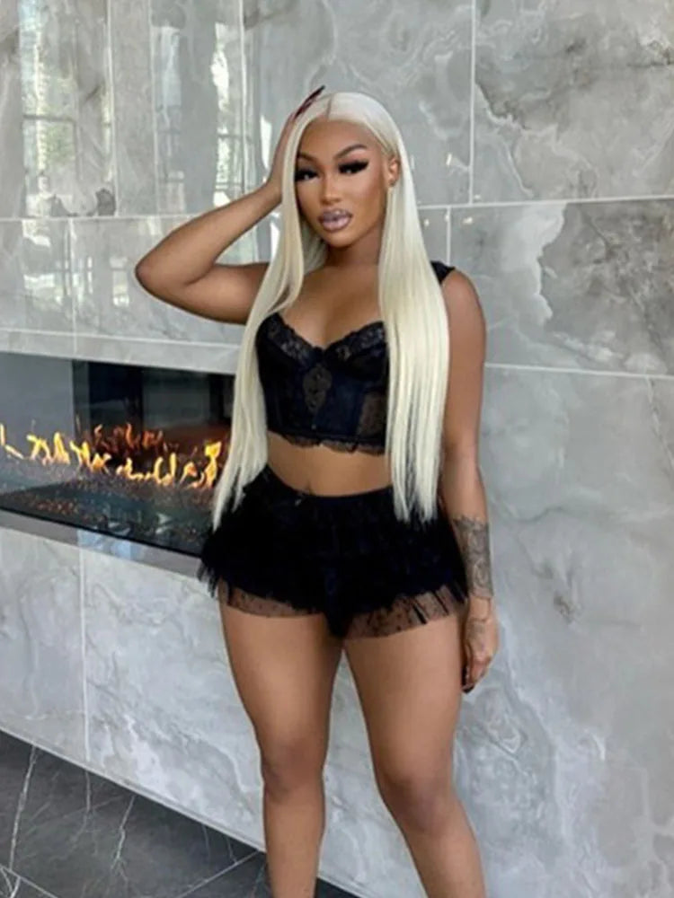 Mesh Patchwork 2 Piece Set Women Low-Neck Sexy Backless Crop Tops+Ruched Tierred Skirts Midnight Club Party Outfits