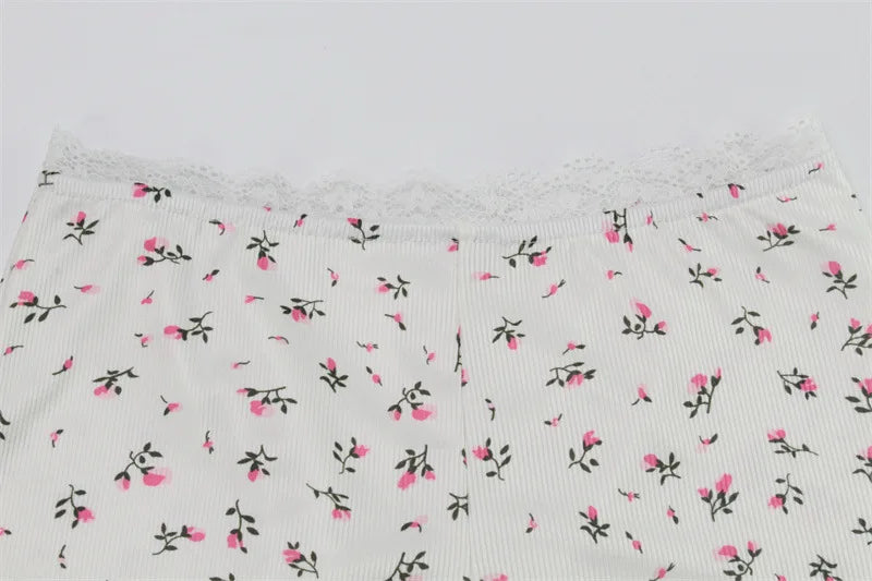 2 Piece Set Floral Print Lace Trim Ribbed Long Sleeve Crop Top and Shorts Lounge Wear Pink Coquette Outfits