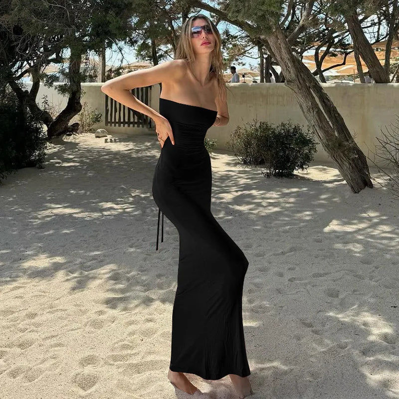 Lace Up Backless Mermaid Dresses for Women Summer Maxi Dress Pink Black Elegant Sexy Vacation Outfits