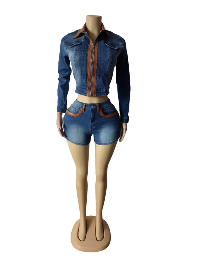 Denim Hipster 2piece Set Woman Pocket Zip Polo-Neck Crop Jacket+Skinny Shorts Street Vintage Casual Matching Outfits
