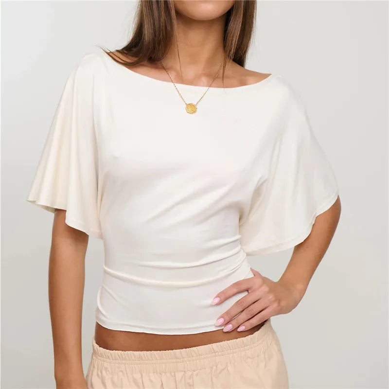 Women Boat Neck Off Shoulder Flutter Short Sleeve Crop Top Back Self Tie Wrap Waist Slim Ruched Y2K Casual Blouse