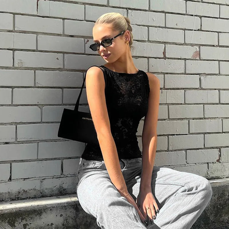 See Through Lace Tank Tops Black White French Style Sexy Sleeveless Shirts Women Summer Clothes