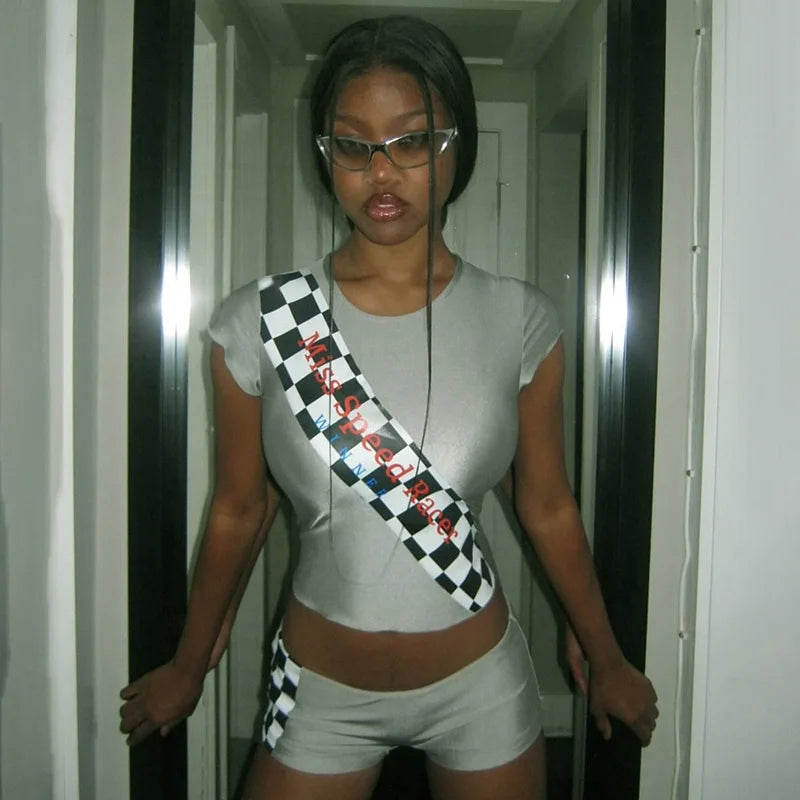 Sexy 2pc Outfit for Woman Checkered Letter Print Graphic Crop Top and Shorts Matching Sets Y2k Streetwear