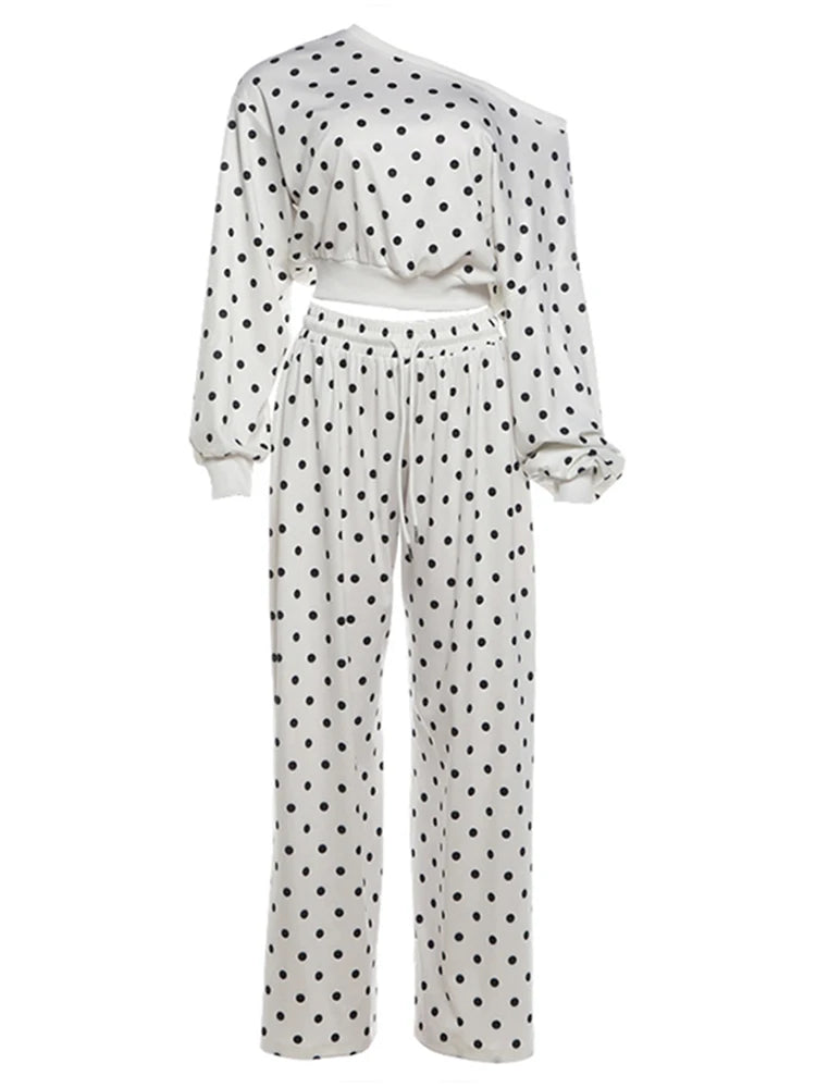 Casual Fashion 2 Piece Set Woman Polka Dot Print Skew Collar Full Sleeve T-Shirts+Drawstring Long Pants Classic Suits