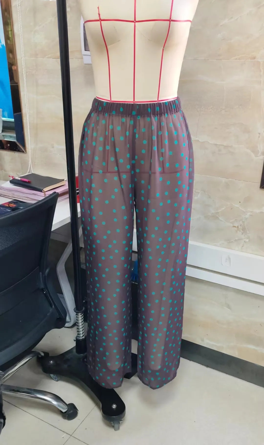 Women See Through Mesh Pants Y2K Dot Print Elastic Waist Wide Leg Loose Fit Trousers Bikini Cover up Sheer Beach Bottoms