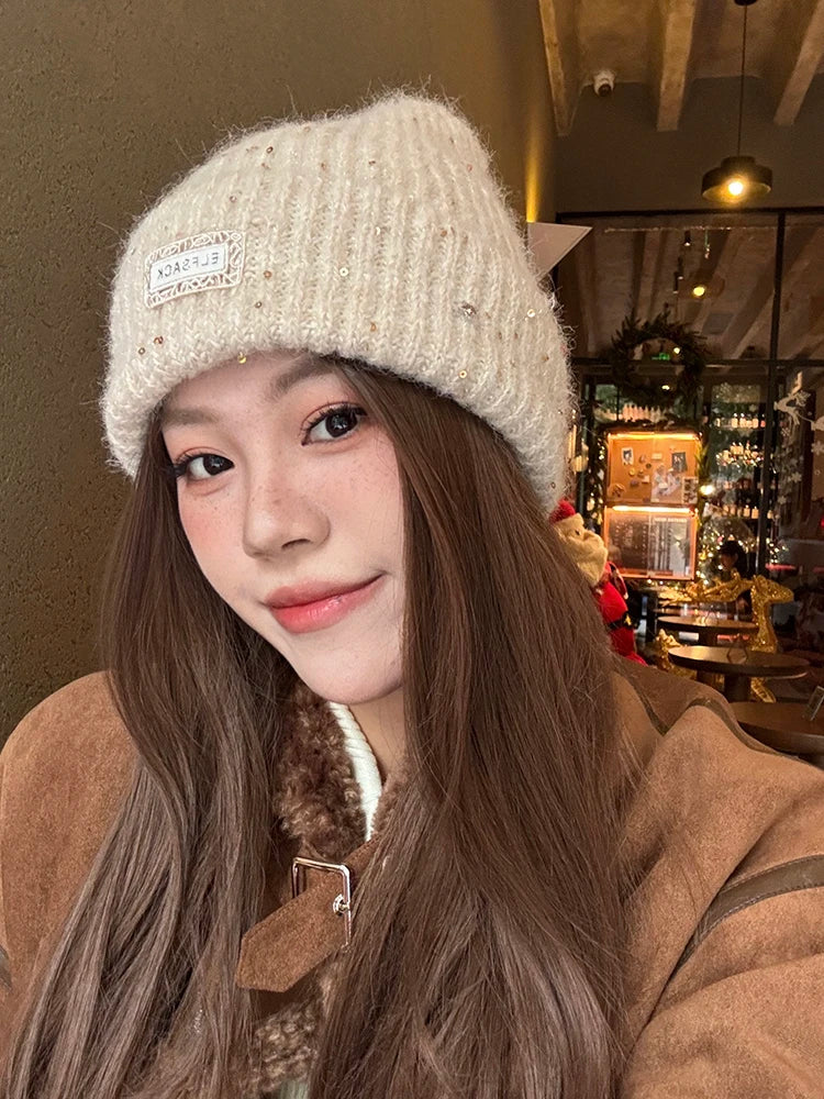 Y2K Sweet Star Sequin Warm Solid Knit Beanie For Women