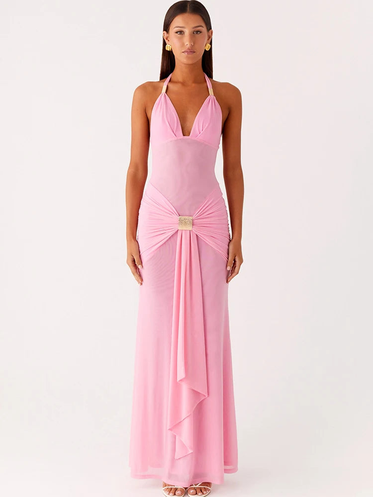 Halter Deep V Neck Sexy Maxi Dress Women Elegant Off-shoulder Sleeveless Backless Draped Ruched Slinky Club Party Dress