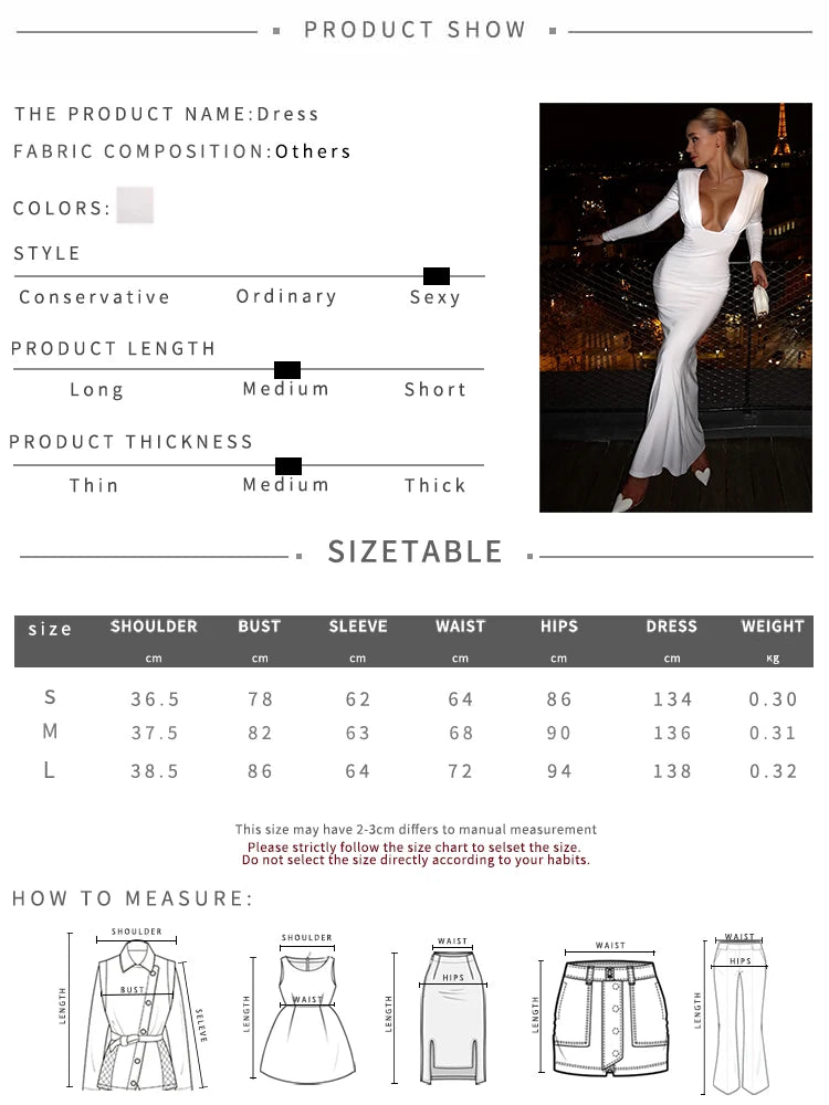 Sexy Low-Neck Maxi Dress Shoulder Pads Skinny Solid Long Sleeve Elasticity Prom Party Simple Classic Elegant Vestidos