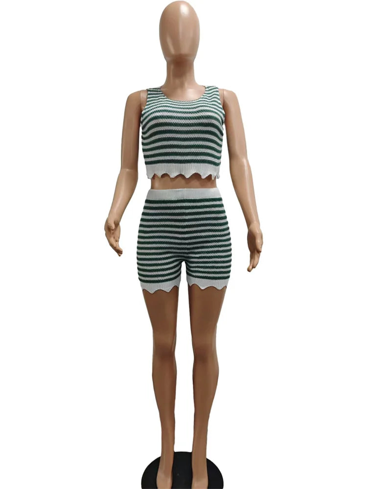 Crochet Stripe Patchwork 2 Piece Set Women Summer Trend Ruffles Hem Tank Tops+Skinny Shorts Street Casual Sporty Suit
