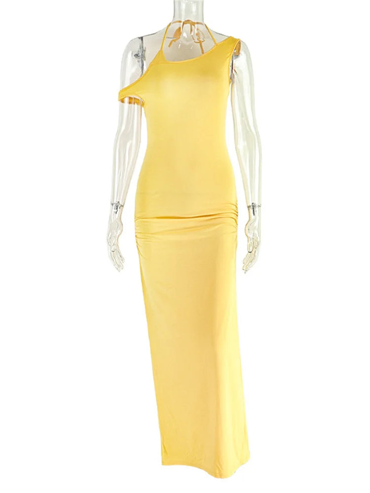 Ruched Elegant Maxi Dress Women Lace-Up Halter Skew Collar Backless Sleeveless Gown Midnight Prom Party Long Bodycon