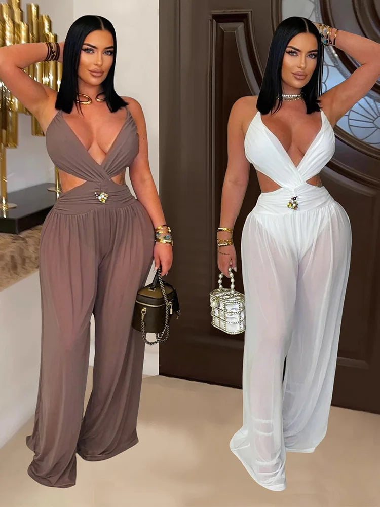 Sexy See Through Jumpsuit Women Strap Low Chest Backless Waistless Lace-Up Simple Solid Skinny Sexy Clubwear Overalls