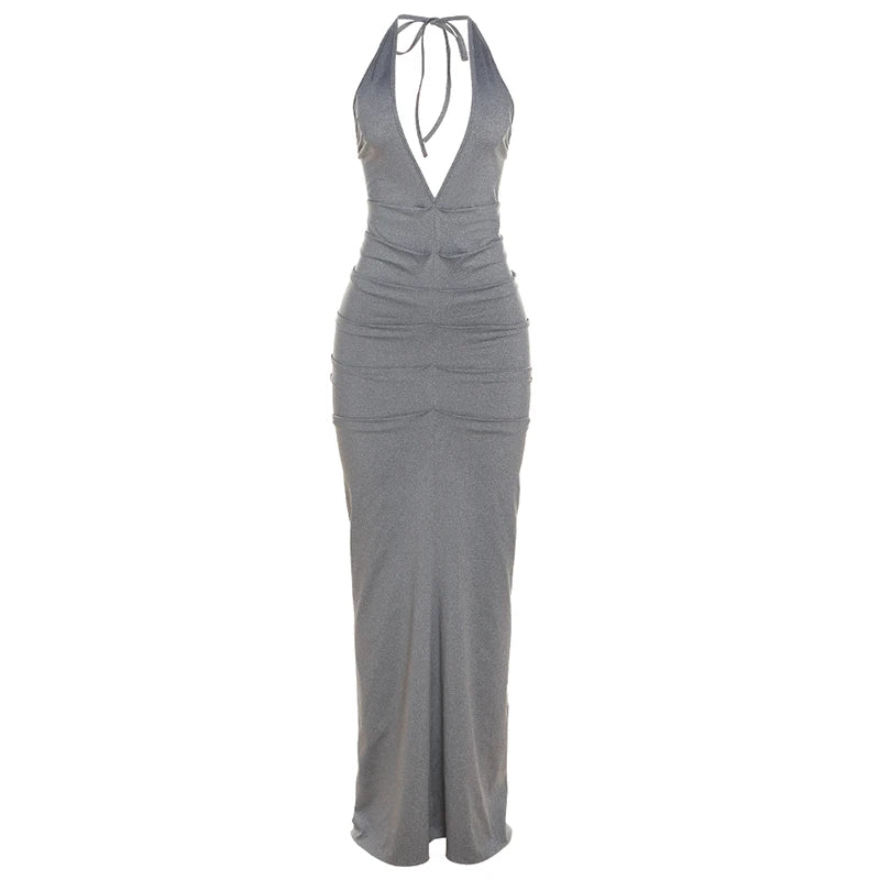 Sleeveless Halter Ruched Maxi Dress Women Sexy Elegant Deep V-neck Lace Up Backless Bodycon Solid Robe Partywear Vestido