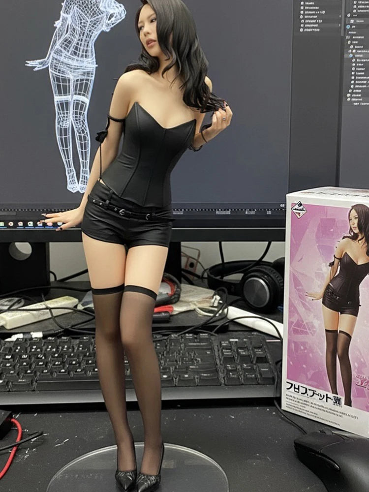 Faux Leather Coquette 2 Piece Set Women Sexy Wild Sleeveless Patchwork Vest+High Waist Shorts Street Slimple Clubwear