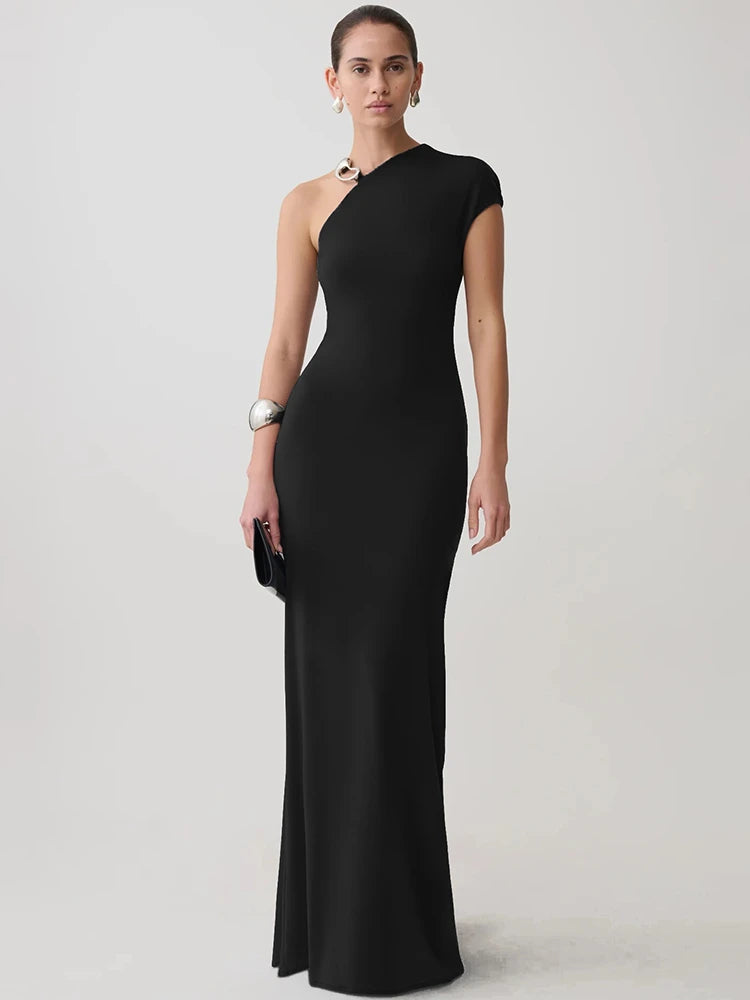 Women One‑Shoulder Metal Ring Decor Sexy Maxi Dress Sleeveless Bodycon Evening Gown Wedding Guest Party Long Dress