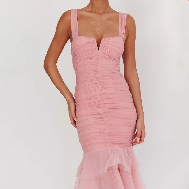 Woman Sleeveless Backless Tiered Long Dresses Summer Elegance Sexy Solid Evening Party Dresses Luxury 2025