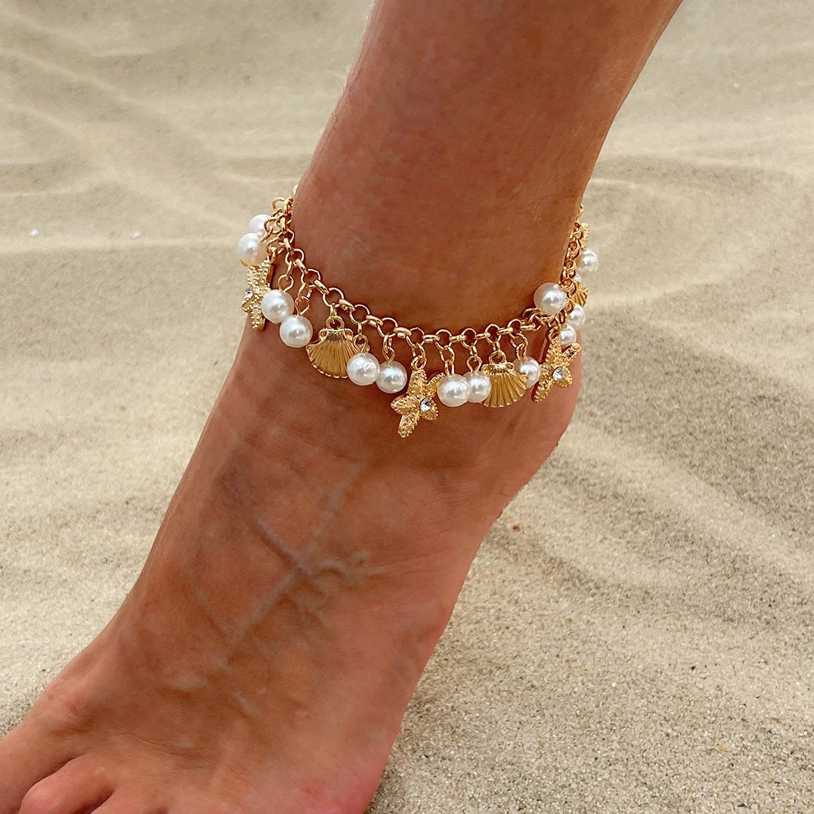 Boho Starfish Scallop Tassel Pendant Anklet for Women Summer Beach Vintage Metal Chain Barefoot Ankle on Leg Jewelry