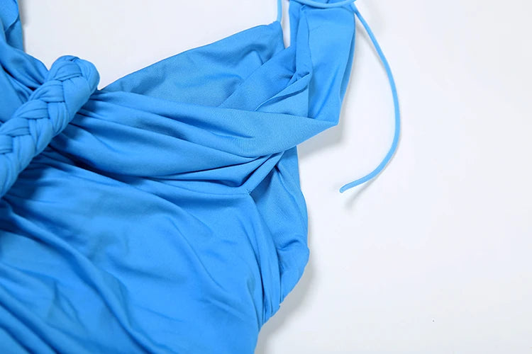 Halter Elegant Dress Women Plait Hand Strap Ruched Summer Hipster Sexy Fashion Clubwear Simple Stretch Chic Vestidos