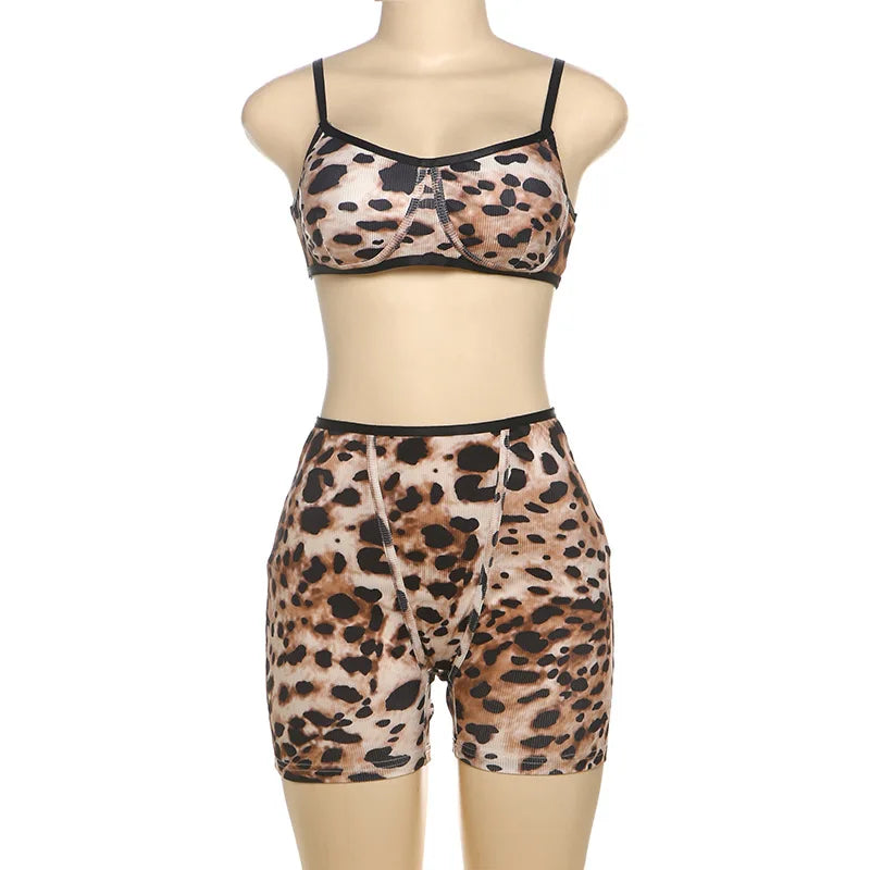 Leopard Print Baddie 2 Piece Sets Outfits Crop Top and Shorts 2025 New in Matching Sets Woman Clothing